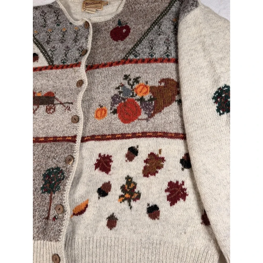 Woolrich Cardigan Sweater Womens Large Beige 100% Wool Fall Harvest Apple Knit - Picture 7 of 16